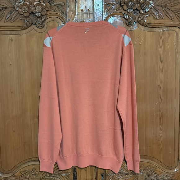 IJP Design Sweater in soft orange, cream and tan argyle design front - Picture 2 of 6